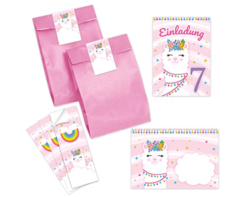 Minkocards 8 Einladungskarten zum siebten Kindergeburtstag 7. Geburtstag Mädchen Lama incl. 8 Umschläge, 8 Partytüten/rosa, 8 Aufkleber Einladungsset von Minkocards