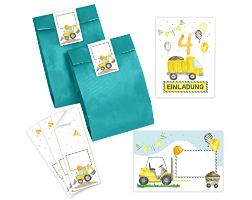 Minkocards 8 Einladungskarten zum vierten Kindergeburtstag 4. Geburtstag Jungen Baustelle Jungs incl. 8 Umschläge, 8 Partytüten/petrol, 8 Aufkleber Einladungsset von Minkocards