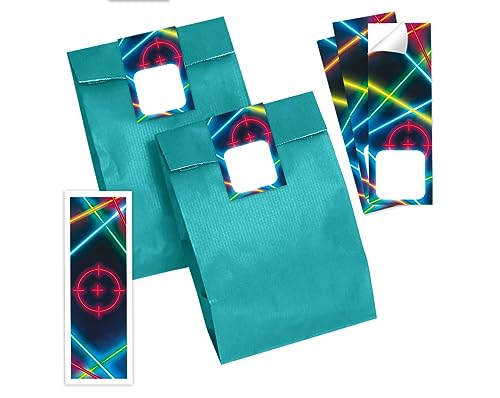 Minkocards 8 Lesezeichen + 8 Geschenktüten (Petrol) + 8 Aufkleber Lasertag Laser Tag Mitgebselset Gastgeschenke für Kindergeburtstag Jungsgeburtstag Mädchengeburtstag von Minkocards