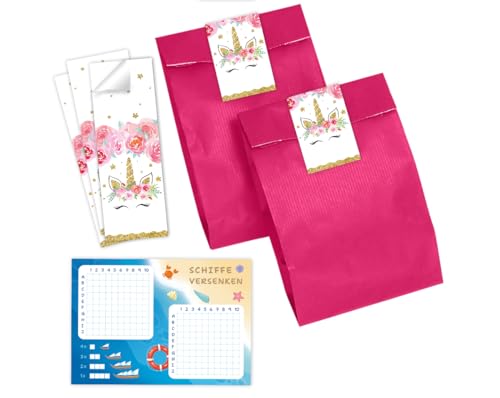 Minkocards 8 Schiffe versenken + 8 Geschenktüten (pink) + 8 Aufkleber Unicorn Einhorn Mitgebsel für Mädchen Gastgeschenke für Kindergeburtstag Mädchengeburtstag von Minkocards