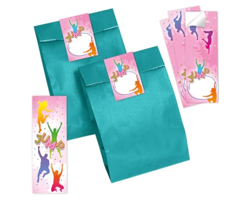 Minkocards Mitgebsel Kindergeburtstag Mädchen 8 Lesezeichen + 8 Geschenktüten (Petrol) + 8 Aufkleber Jump Trampolin Gastgeschenke für Mädchengeburtstag von Minkocards