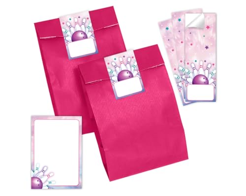 Mitgebsel Kindergeburtstag Mädchen 12 Mini-Notizblöcke + 12 Geschenktüten (pink) + 12 Aufkleber Bowling Kegeln Gastgeschenke für Mädchengeburtstag von Minkocards