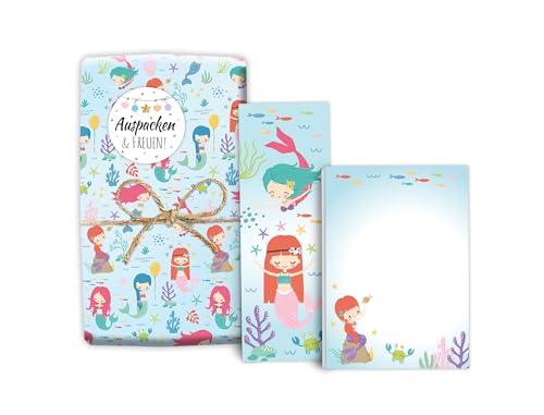 Mitgebsel-Set 10 Geschenkpapierbögen + 10 Lesezeichen + 10 Mini-Notizblöcken + 10 Aufkleber Meerjungfrau Gastgeschenke für Kindergeburtstag Mädchengeburtstag Mädchen Giveaways von Minkocards