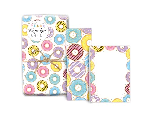 Mitgebsel-Set 12 Geschenkpapierbögen + 12 Lesezeichen + 12 Mini-Notizblöcken + 12 Aufkleber Donuts Gastgeschenke für Kindergeburtstag Mädchen Jungen Giveaways Geschenkset von Minkocards