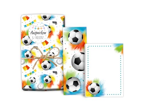 Mitgebsel-Set 12 Geschenkpapierbögen + 12 Lesezeichen + 12 Mini-Notizblöcken + 12 Aufkleber für Jungen Gastgeschenke für Kinder Jungsgeburtstag Fussball Fußball Motto-Party Giveaways von Minkocards