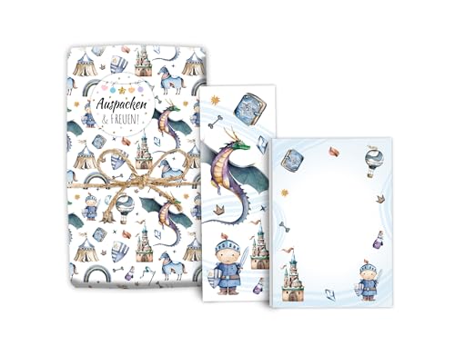 Mitgebsel-Set 6 Geschenkpapierbögen + 6 Lesezeichen + 6 Mini-Notizblöcken + 6 Aufkleber für Mädchen Jungen Gastgeschenke für Kinder Jungsgeburtstag Ritter Drache Motto-Party Giveaways von Minkocards