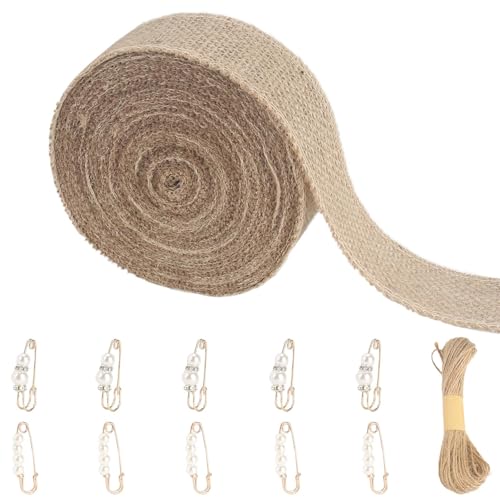 Minnhua 12m Juteband 10cm Breit Burlap Vintage Geschenkband Jute Juteband Natur mit 20m*15mm Hanfseil +10pcs Perlen Zubehör Dekoband Sackleinen Band für Hochzeitdeko Geschenkverpackung Basteln von Minnhua