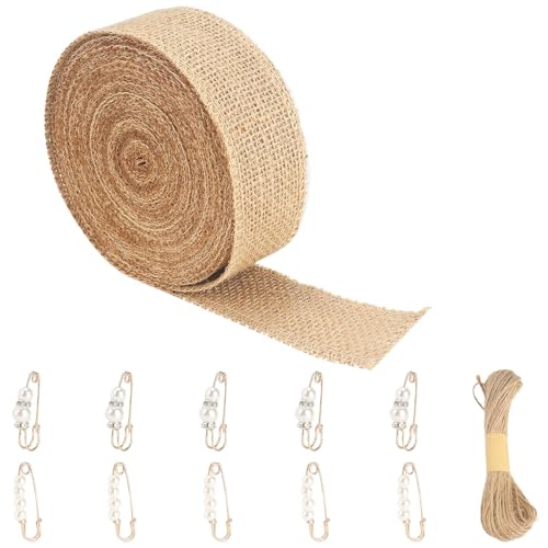 Minnhua 12m Juteband 4cm Breit Burlap Vintage Geschenkband Jute Juteband Natur mit 20m*15mm Hanfseil +10pcs Perlen Zubehör Dekoband Sackleinen Band für Hochzeitdeko Geschenkverpackung Basteln von Minnhua