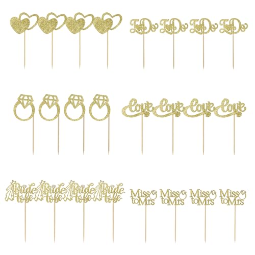 Minnhua 24 Stück Verlobung Deko, 6 Stile Tortendeko Hochzeit, Prickelnd Cupcake Deko, Wedding Cupcake Toppers für Hochzeit Verlobung Brautdusche Kuchen Picks Bachelorette Party Dekorationen (Goldene) von Minnhua