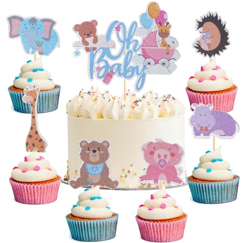 Minnhua 25 Stück Oh Baby Cake Topper, Tiermotiv Muffin Deko, Niedlich Baby Cupcake Dekorieren, Gender Reveal Cupcake Toppers für Geburtstag Babyparty Baby Shower Party Dekorationen von Minnhua