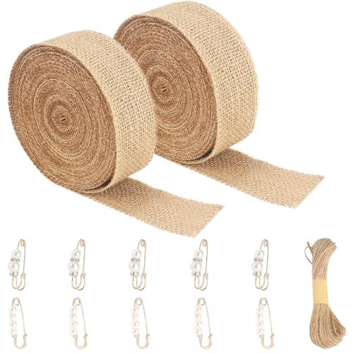 Minnhua 2PCS Juteband 4cm Breit Burlap Vintage Geschenkband Jute 10m Juteband Natur mit 20m*15mm Hanfseil +10pcs Perlen Zubehör Dekoband Sackleinen Band für Hochzeitdeko Geschenkverpackung Basteln von Minnhua