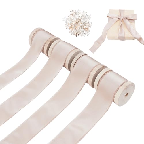 Minnhua 4 CM Schleifenband mit Zubehör, Geschenkband Stoff mit Holzrolle, Seidenband (4 Rolle X 4,5 M), Filzband Dekoband für Deko Geschenke, Eukalyptus, Hochzeiten, Weihnachten (Champagner) von Minnhua