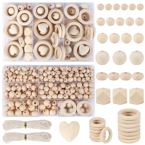 Minnhua 416 Stück Holzperlen Makramee Set Holzringe zum Basteln Holzperlen zum Auffädeln Holzkugeln mit Loch Holzperlen Natur Runde Holzperlen für DIY Schmuck Herstellung mit Bastelseilen von Minnhua