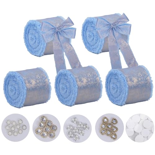 Minnhua 5PCS Schleifenband Blau Geschenkband Hochzeit Seidenband 4cm x 6.3m Glitzerband Dekoband Geschenken Stoffband mit 72PCS Zubehör für Geschenkverpackung Hochzeitseinladungen Blumenarrangement von Minnhua