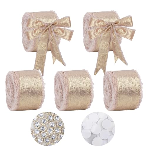 Minnhua 5PCS Schleifenband Braun Geschenkband Hochzeit Seidenband 3cm x 6.3m Glitzerband Dekoband Geschenken Stoffband mit 70PCS Zubehör für Geschenkverpackung Hochzeitseinladungen Blumenarrangement von Minnhua