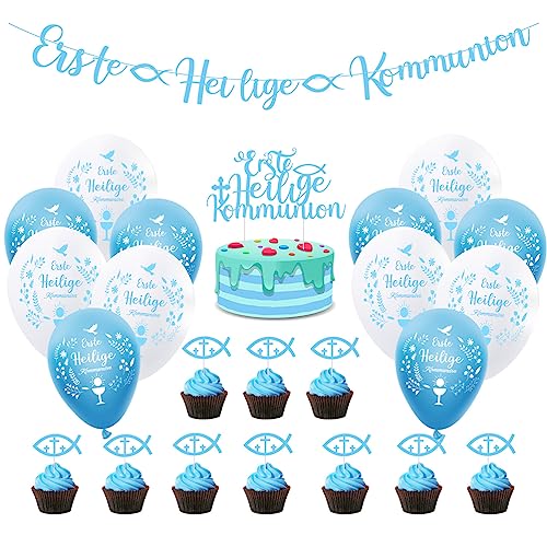 Kommunion Deko, Miotlsy Taufe Deko Set Blau Meine Taufe Girlande Deko Banner Papier und 12 Pcs Taufe Luftballons (12 Zoll) Taufe Dekoration für Taufe Party Dekoration von Miotlsy