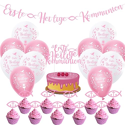 Kommunion Deko, Taufe Deko Set Rosa Meine Taufe Girlande Deko Banner Papier und 12 Pcs Taufe Luftballons (12 Zoll) Taufe Dekoration für Taufe Party Dekoration von Miotlsy