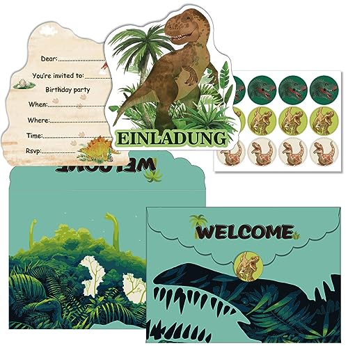 Miotlsy 12x Dino T-Rex Einladungskarten zum Kindergeburtstag Dinosaurier Einladungen für Kinder zum Geburtstag Mädchen Junge Dino-Party Dinosaurier Mottoparty von Miotlsy