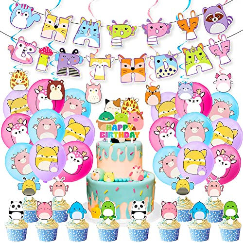 Miotlsy Geburtstag Party Dekoration, Squish mallows Geburtstags Party Supplies Happy Birthday Banner Luftballons Cake Topper für Kinder Geburtstagsfeier Dekoration 46 Stück von Miotlsy