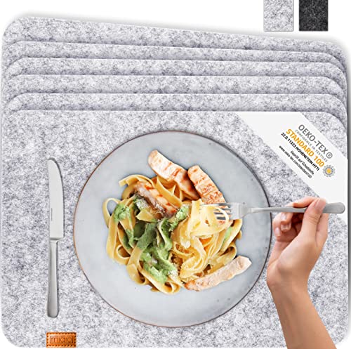 Miqio® - Design Tischset aus Filz | Marken Label aus echtem Leder | 6er Set Platzset (grau meliert) abwaschbar | Filzmatte Tisch Untersetzer Platzdeckchen abwischbar von Miqio