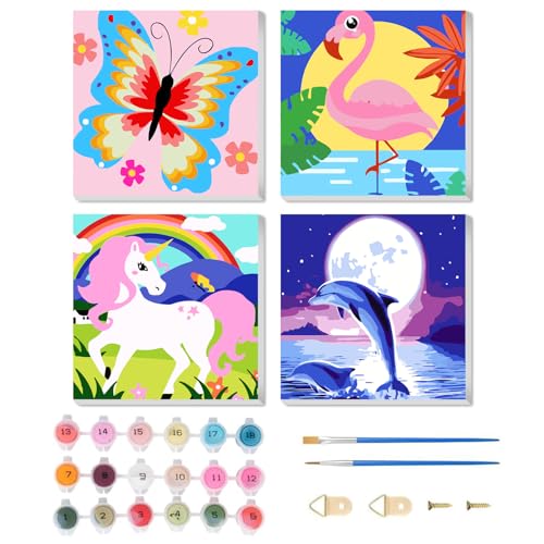 Miquans Art Malen Nach Zahlen Ab 7 Jahre Mädchen Pack of 4 Animals Painting by Numbers fFrame Malen Nach Zahlen Malen Painting by Numbers Malen Nach Zahlen Kinder（20x20cm） Malen Nach Zahlen Pferde von Miquans Art