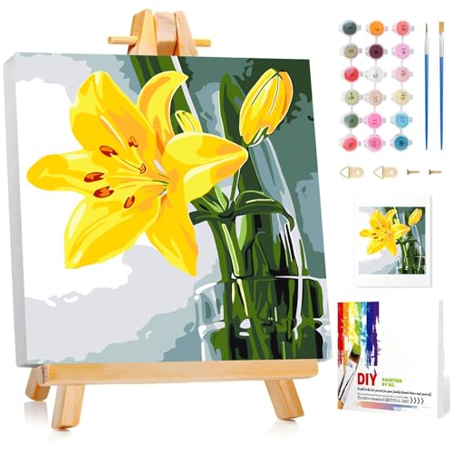 Miquans Art Malen Nach Zahlen - Paint by Numbers,Yellow Blume Malen Nach Zahlen Erwachsene Blumen,with Frame and Easel,Malen Nach Zahlen Set für Home Haus Deko (20x20cm) von Miquans Art