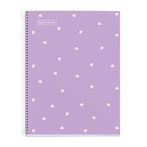 Novilla Miquelrius – A4-Notizbuch, 1 Farbstreifen, 80 Blatt 7 mm horizontal liniert, 90 g/m² Papier, 4 Löcher, harter laminierter Einband, Lavendel-Gänseblümchen-Farbe von Miquelrius