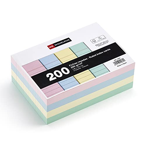 Miquelrius – Karteikarten, Lernkarten, 200 Notizkarten, horizontal liniert, A6-Format, 105 x 148 mm, 200 g/m² Offset-Kartenpapier, Pastellfarben von Miquelrius