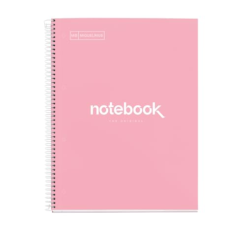 Miquelrius - Notizbuch A4 Notebook, 1 farbiger Streifen, 80 Blatt mit raster 5 x 5 mm, Papier 90 g/m² mikroperforiert mit 4 Bohrungen für 4 Ringe, Einband aus Karton, Farbe Rosa von Miquelrius