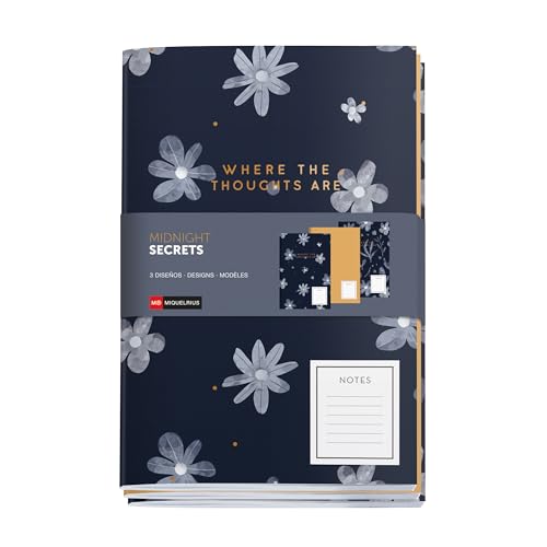 Miquelrius Notizbücher A5 (142 x 210 mm), Packung mit 3 Notizblöcken, innen weiß gepunktet, 32 Blatt à 80 g/m², Umschlag aus strukturiertem Karton mit Prägungsdetails, Kollektion Midnight Secrets von Miquelrius