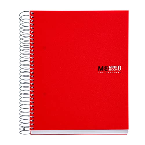 Miquelrius - Notebook A5 The Original Notebook, 8 coloured stripes, Opaque polypropylene cover, A5 size (148 x 210 mm), 2 Hole punched, 200 sheets of 70 g/m², Grid 5 mm, Red von Miquelrius