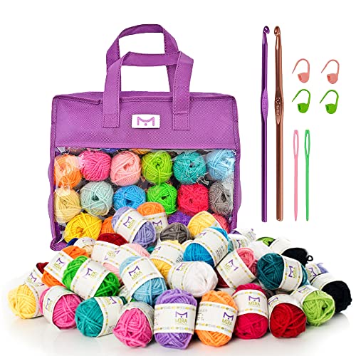 Mira Handcrafts 40 Garne mit Vlies-Häkelstrick-Tasche, 4 Häkel-Verriegelungs-Marker, 2 Häkelhaken, 2 Plastiknadeln, 7 Ebooks mit Garnmustern - Ideales Handwerk-Garn von Mira Handcrafts