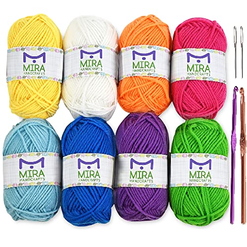 Premium-Garn Pack - 8x30g Acryl Regenbogen Farben Garnstränge – je 60 m lang - ausgezeichnet für kleine und Kinder Garnprojekte, Basteln, Stricken, Häkeln und vieles mehr von Mira Handcrafts