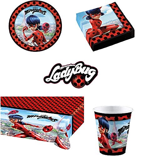 Uni que Miraculous Ladybug Party Deko Set für 16 Kinder ( 16 Teller, 16 Becher, 20 Servietten + 1 Tischdecke ) Kindergeburtstag von Miraculous