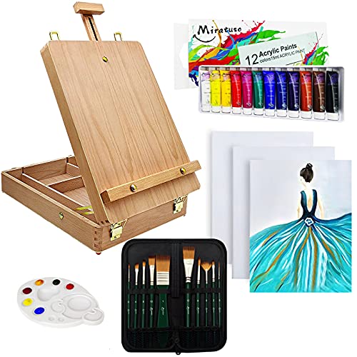 Deluxe Art Supplies 27-teiliges Kunst-Set mit Tischstaffelei, 12 Farben, Acrylfarbe, 10 Pinsel, 3 Leinwandplatten, Paletten von Miratuso