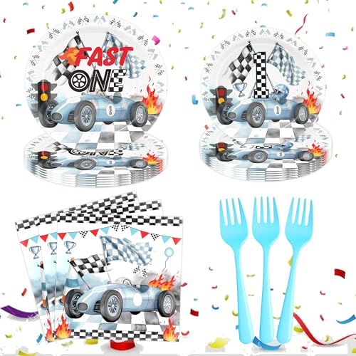 Miruwtog Rennwagen 1. Geburtstag Pappteller Servietten und Einweggabeln Fast One Birthday Decrations Rennwagen Party Supplies Blau Schwarz Rennwagen One Birthday Dekorationen für Jungen 1. Geburtstag von Miruwtog