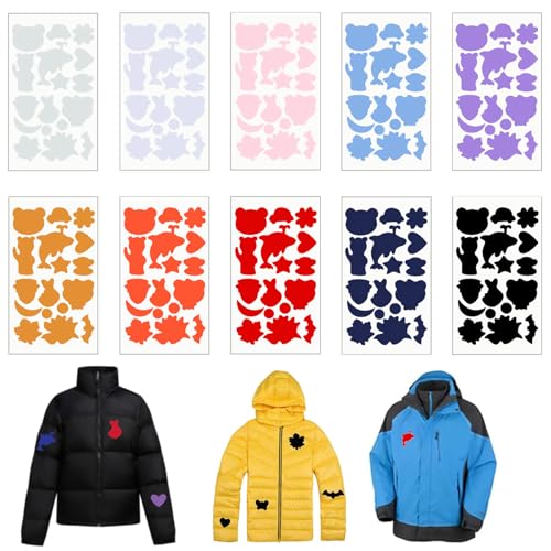 MisFun 10 Stück Daunenjacke Flicken Reparaturset, Flicken Daunenjacke Selbstklebend, Daunenjacke Reparatur Patches, Verschiedene Größen und Formen, für Jacken, Zelte, Regenschirm, Zehn Farben von MisFun