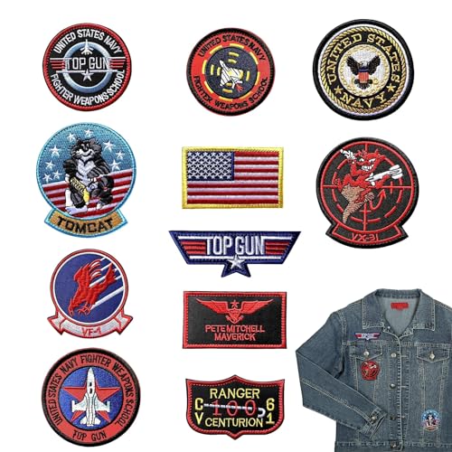 MisFun 11 Stück Top Gun Aufnäher zum Aufbügeln, USA Flagge Maverick Patches Bestickt, Air Force Navy Marine Army Jacke Tactical Military Logo Dekorative Applikation für Kleidung Jacke Jeans Cap von MisFun