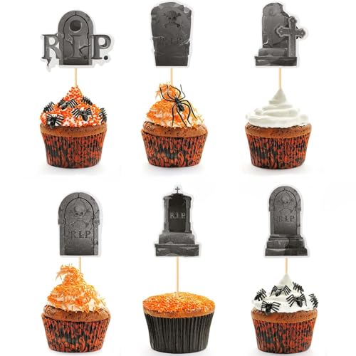 MisFun 36 Stück Grabstein Halloween Cupcake Toppers, Halloween Deko Halloween Cupcake Deko, 6 Designs Tombstone Graveyard Cake Toppers, Halloween-Karten Tortendeko, Halloween Party Supplies von MisFun