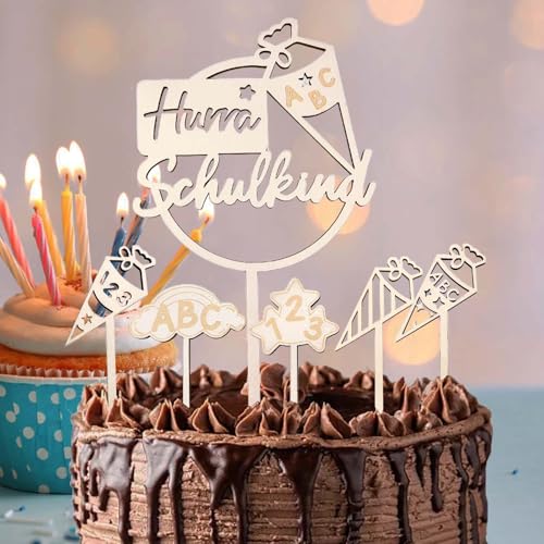 MisFun 6 STK Tortendeko Einschulung, Kuchen Deko Einschulung, Holz Kuchendeko Schulanfang, Schulkind Kuchen Deko Schulkind Topper, Einschulung Tortendeko Schuleinführung Party Deko für Mädchen Junge von MisFun