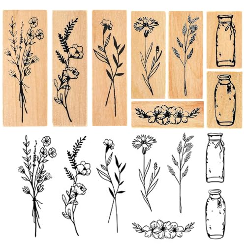 MisFun 8 Stücke Stempel Blumen, Holzstempel, Holzblumen und Pflanzen Setzen Stempel, Prägestempel, Klein Stempelset Holz, für Kartenbasteln Scrapbooking Bullet Journal Geschenkverpackung von MisFun