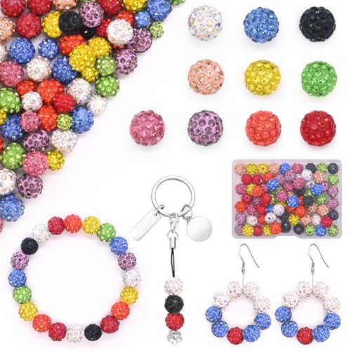 Mispudin 100 Stück 10mm Disco Ball Perlen zum Auffädeln, Strass Perlen Bunt Glitzerperlen zum Auffädeln, Shamballa Perlen Clay Perlen Kristall Perlen für Armband Halskette Party Dekoration von Mispudin