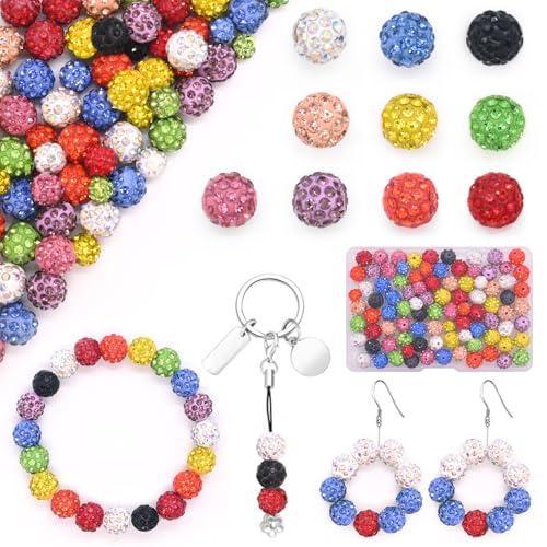 Mispudin 100 Stück 8mm Disco Ball Perlen zum Auffädeln, Strass Perlen Bunt Glitzerperlen zum Auffädeln, Shamballa Perlen Clay Perlen Kristall Perlen für Armband Halskette Party Dekoration von Mispudin