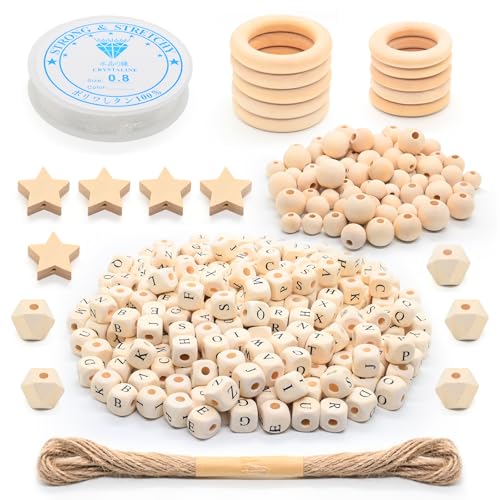 Mispudin 360 Stück Holzperlen Set, Buchstabenperlen Holz 10mm, Makramee Zubehör Set Holz Enthält Holzperlen Natur, Holzringe Zum Basteln für DIY Schlüsselanhänger, Armband, Makramee von Mispudin