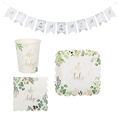 33 Teile Deko-Set Baby-Party OH BABY BOTANICAL Eukalyptus Blätterkranz grün weiß & gold Baby-Party-Deko Baby-Shower-Party Geburt Mädchen & Junge Girlande Servietten Teller Deko-Accessoires Taufe von Miss Lovely