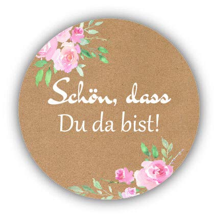 40 Stück Sticker Aufkleber SCHÖN, DASS DU DA BIST braun mit Vintage Blumen-Muster Zubehör Gastgeschenke Hochzeit Hochzeitsmarmelade Selbstgemachtes Geburtstag Taufe Konfirmation & Kommunion Tisch-Deko von Miss Lovely