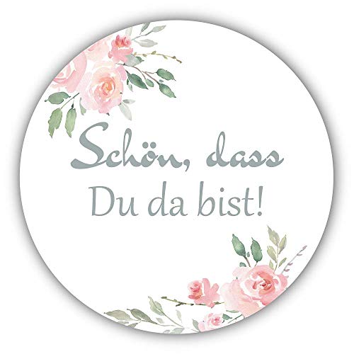 40 Stück Sticker Aufkleber SCHÖN, DASS DU DA BIST weiß mit Vintage Blumen-Muster Zubehör Gastgeschenke Hochzeit Hochzeitsmarmelade Selbstgemachtes Geburtstag Taufe Konfirmation & Kommunion Tisch-Deko von Miss Lovely