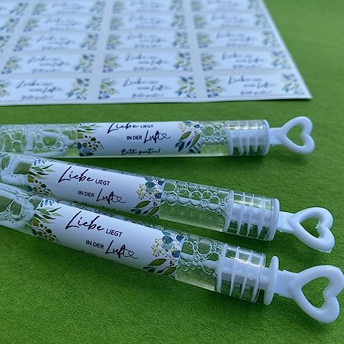 48 Stück Seifenblasen zur Hochzeitt Wedding-Bubbles Liebe LIEGT IN DER Luft Botanical Eukalyptus Blätter-Ranke Blätter-Kranz weiß & grün Zubehör Trauung Gastgeschenke Tisch-Deko Hochzeits-Deko von Miss Lovely