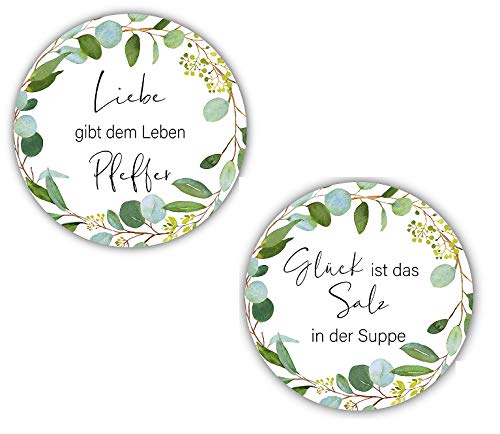 80 Sticker Aufkleber Salz & Pfeffer Liebe & Glück Hochzeit Zubehör Gastgeschenke Gewürze & Selbstgemachtes Tisch-Deko mit Botanical Eukalyptus Blätter-Ranke & Blätter-Kranz Farben weiß & grün von Miss Lovely