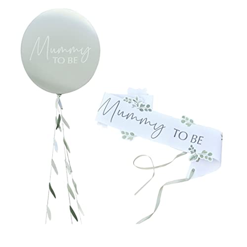 Baby-Party Deko Set MUMMY TO BE Schärpe & XXL Ballon Botanical Eukalyptus in salbei grün & weiß Deko-Set Baby-Shower-Party Schwangerschaft & Geburt Mädchen & Junge Boy or Girl Gender Reveal von Miss Lovely